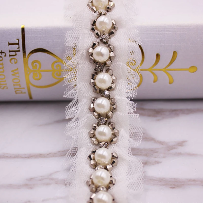 10Yards White Black Fake Pearl Beaded Lace Trim Vintage Ruffled Mesh Fabric Braid Applique |