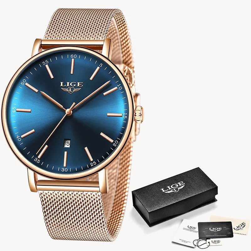 Rose Gold Blue LIGE, женские часы, Роскошные наручные часы, relogio feminino, часы для женщин, Миланская сталь, леди, розовое золото, кварцевые женские часы, новинка+ коробка - Цвет: Rose Gold Blue