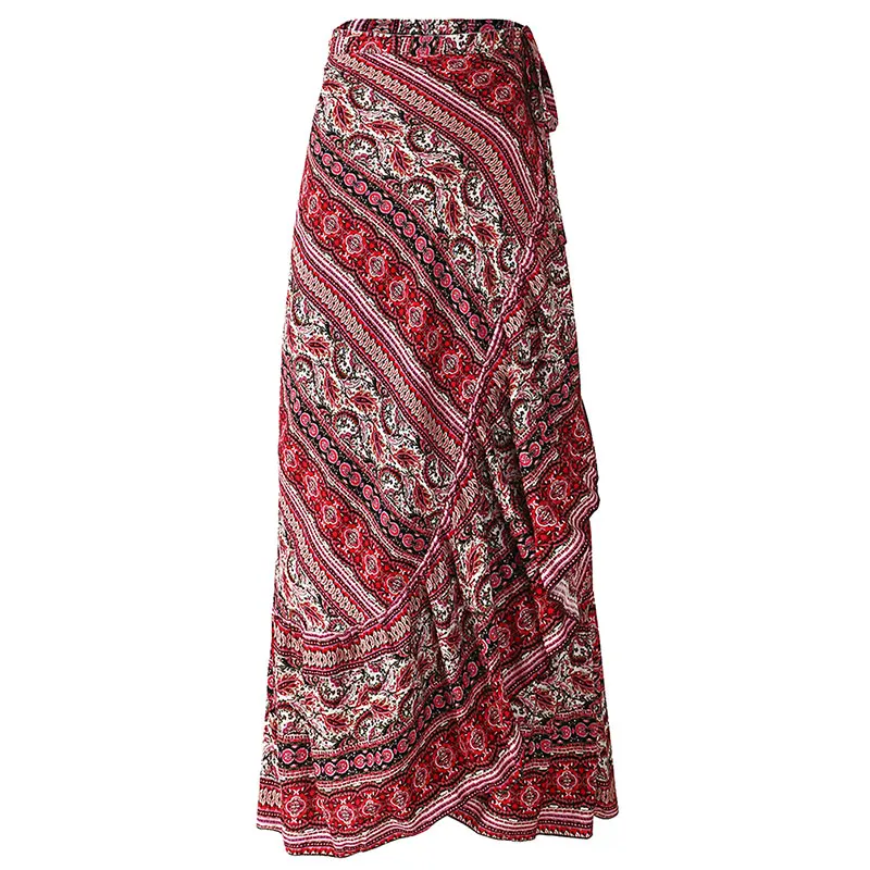 WLLW Women Long Skirt Wrap Lace Up Bohemian skirt Paisley Print Split Front Splice Beach | Женская одежда