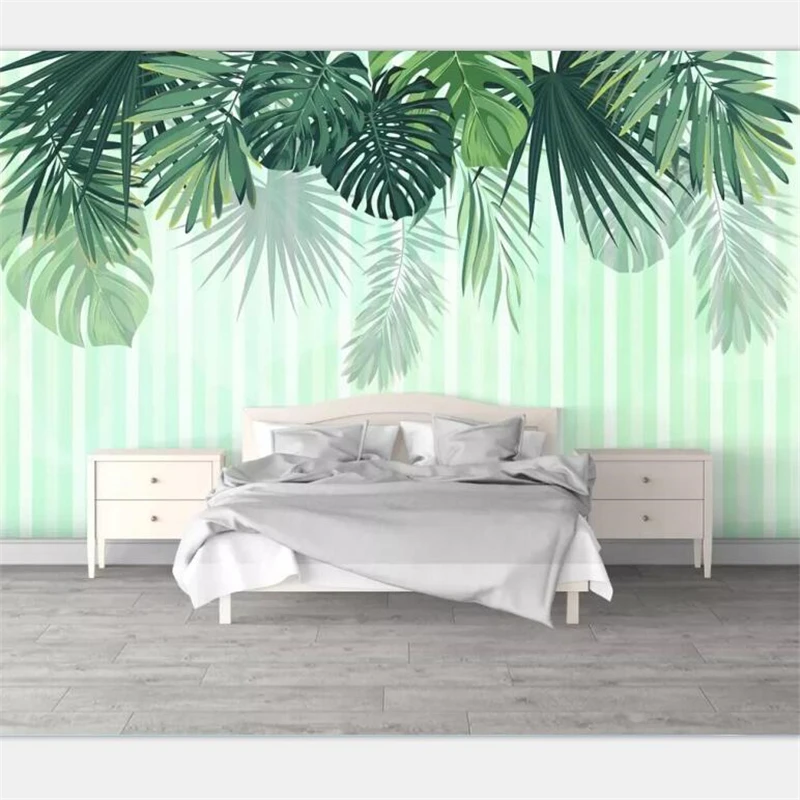 

beibehang Wallpaper custom living room bedroom HD mural Nordic minimalist small fresh green leaves watercolor style background