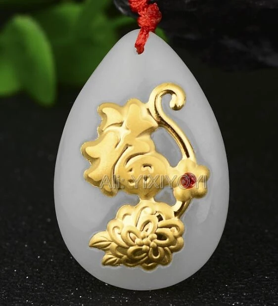 

Wonderful Natural White Hetian Jade + 18K Solid Gold Chinese Flower Fu Amulet Lucky Drop Pendant + Free Necklace Fine Jewelry