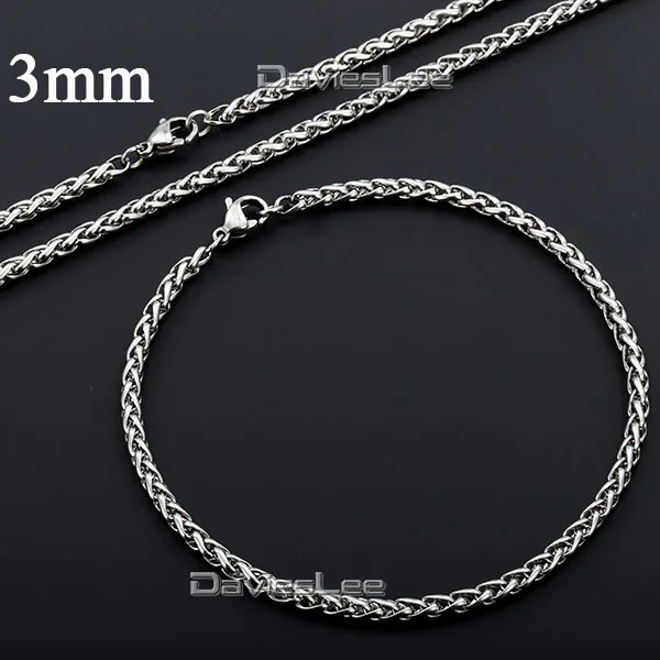 Davieslee 3/4/5/6/8MM Mens Chain Boys Wheat Silver Color Stainless Steel Bracelet Jewelry Set Fashion Gift DLKS98/KS99/KS100 | Украшения и
