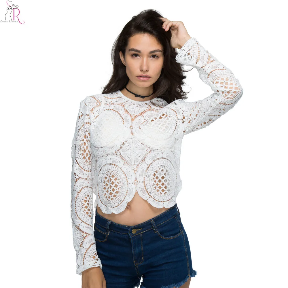 Белая кружевная вязаная блузка с цветочным рисунком укороченный Топ длинным