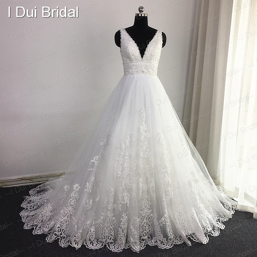 V Neck Lace Beaded Wedding Dress Big A Line Empire High Quality Sequin Lace Bridal Gown