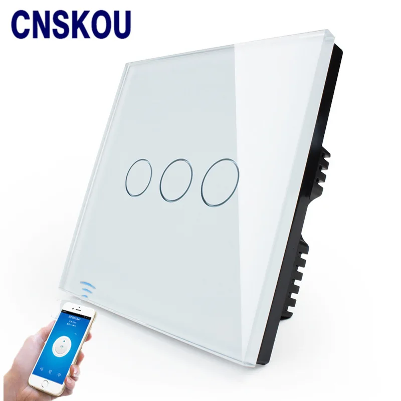 Cnskou производитель Wifi сенсорный выключатель, Светодиодный настенный умный дом дистанционное управление UK переключатель, 3 банды 1 способ Роскошная стеклянная панель