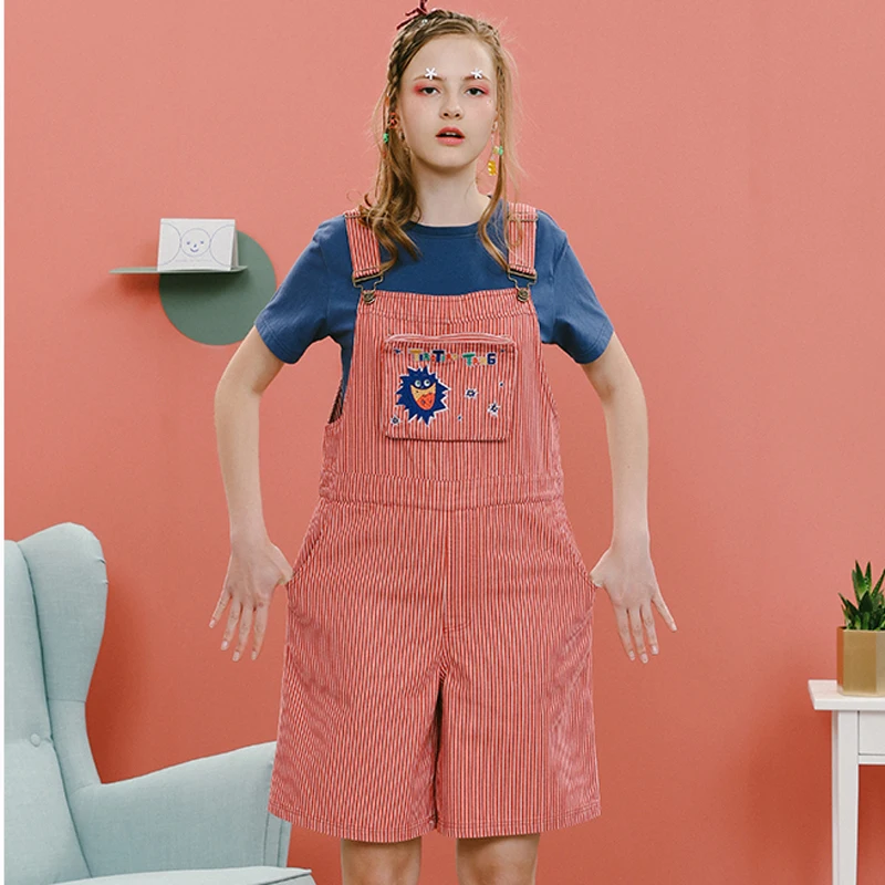 Женский джинсовый комбинезон свободный с большим карманом в полоску шортами|shorts