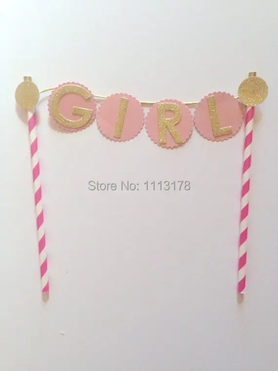 Пользовательские имена розовый круг торт Топпер с соломенным флагом баннер. 1-й