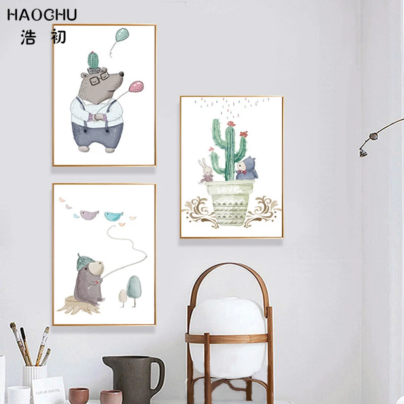 Акварельная живопись на холсте HAOCHU милое изображение животных мультфильмы