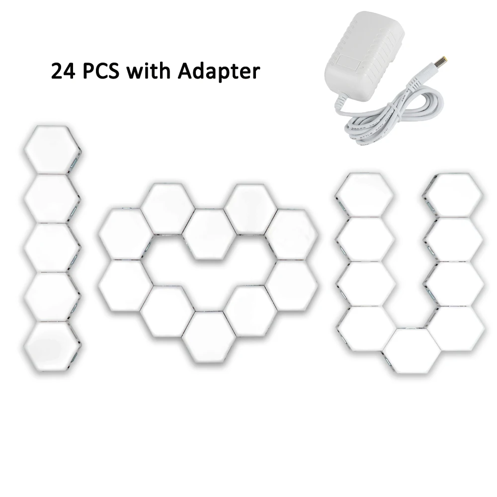 24 PCS with Adapter Современный DIY квантовое освещение, умный Диммируемый сенсорный контроль, чувствительный светодиодный ночник, Геометрическая сборка, домашний декор, настенный светильник - Испускаемый цвет: 24 PCS with Adapter