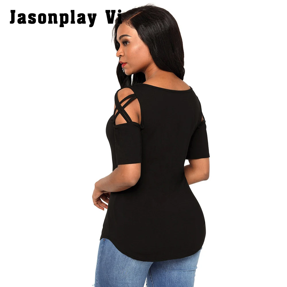 Jasonplay VI Новый Для женщин короткий рукав плечо выдалбливают Футболки с круглым