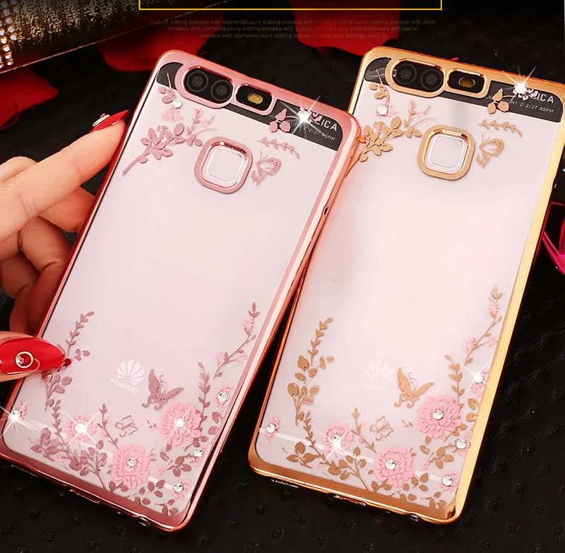50 шт./лот мягкий чехол из ТПУ с цветами и стразами для Huawei P8/P8 LITE/P8 LITE 2017/P9/P9 LITE/P9 PLUS |