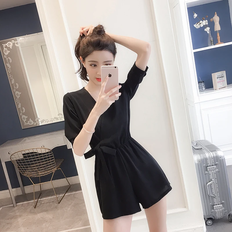 Женский шифоновый комбинезон черный с широкими штанинами в Корейском стиле лето