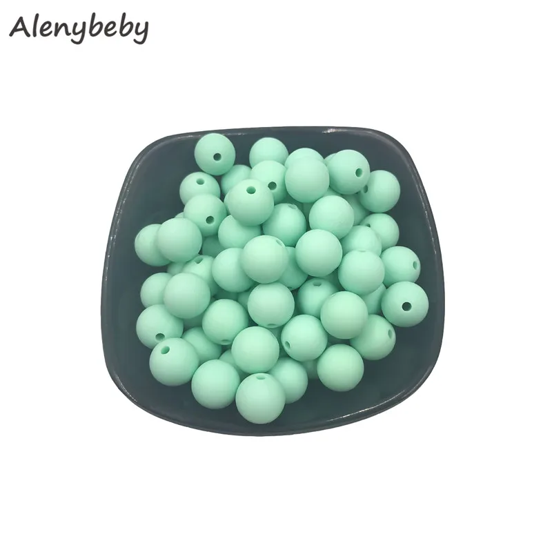Mint green 100pc силиконовый для детей для прорезывания зубов бусины 15 мм безопасный пищевой Клас Уход жевательные круглые Без БФА, силиконовый бисер зубное кольцо для ребенка ожерелье - Цвет: Mint green