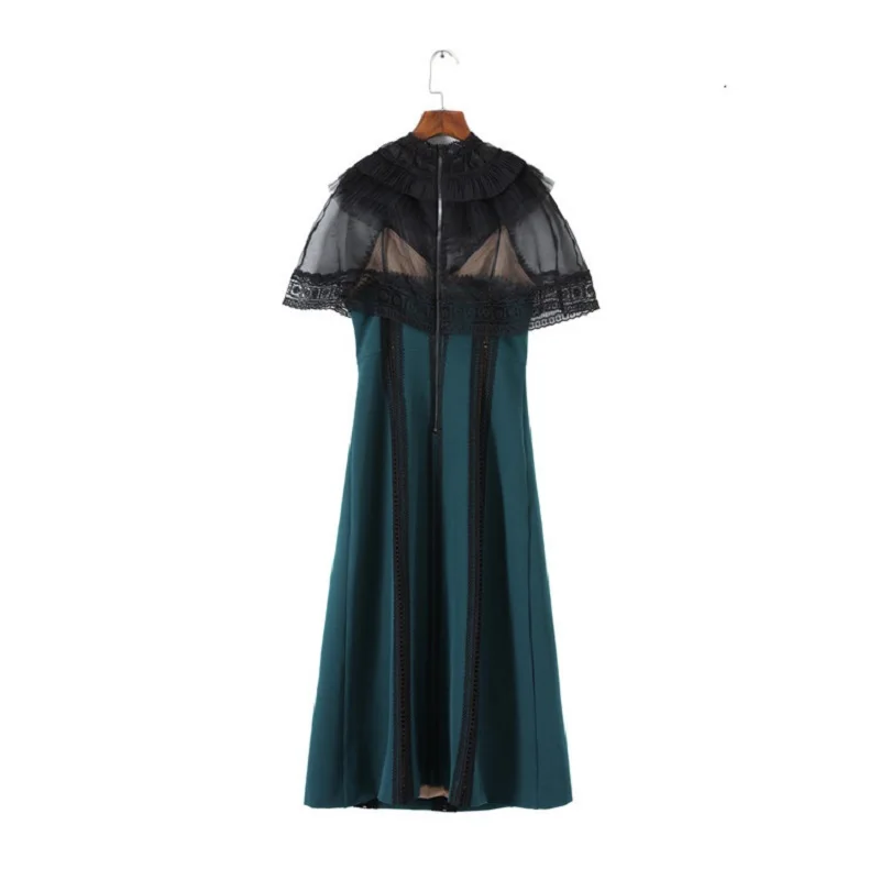 2018 Summer Autumn Elegant Patchwork Mesh Ruffles Midi Dress Women Runway Designer See Through Lace Long Party Dresses Clothes | Женская