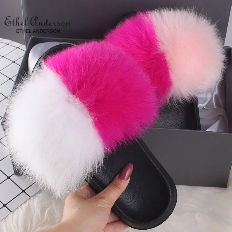 Rose Pink Mixed Модные шлепанцы с натуральным лисьим мехом; женские модные Вьетнамки; Летние пушистые меховые сандалии; обувь на плоской подошве - Цвет: Rose Pink Mixed