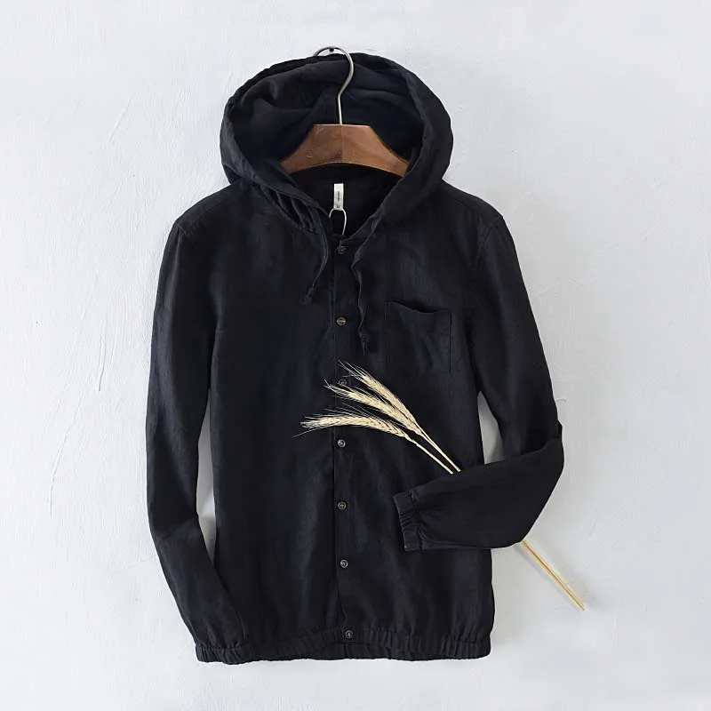 Рубашка мужская с капюшоном льняная сорочка длинным рукавом Повседневная