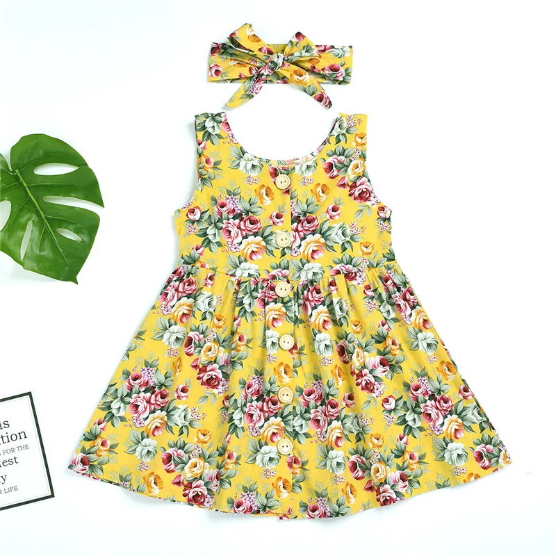 Kids Baby Girl Clothing Fruits Flowers Printed 2Pcs Sets Sweet Sleeveless Strap Button Dress A-Line Sundress Bow Headband 6M-4Y | Детская