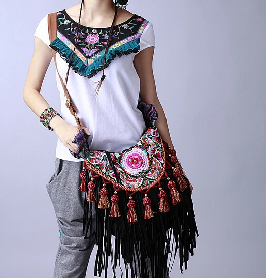 Classic black handmade tassel women bags Ethnic embroidery canvas messenger shoulder bags 1