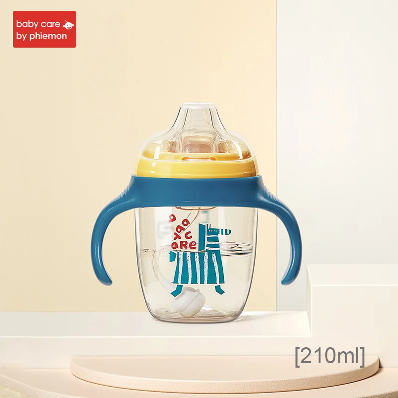 blue-210ml Милая детская соломенная бутылочка для воды, силиконовая бутылочка для кормления младенцев, стандартный гравитационный шар, откидная крышка, герметичная Тренировочная бутылочка Тритан - Цвет: blue-210ml