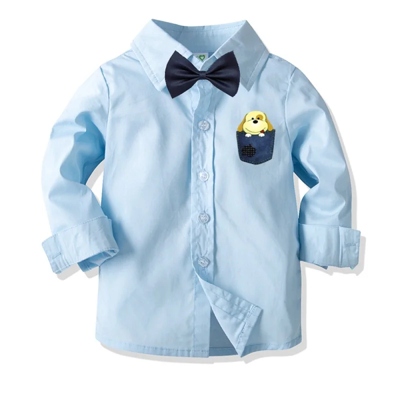 4PCS Boy Clothes Set Solid Cotton Long Sleeve Bows Gentleman Suspender Children Outfit Blouse+Jeans Pant Kids Spring Party Suits | Детская