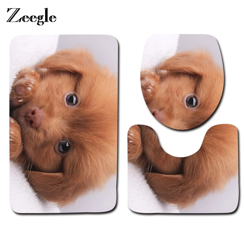 

Zeegle 3pcs Cute Dog Bathroom Mat Set Pattern Toilet Rugs Anti-skid Bathroom Floor Mats Absorbent Toilet Mat and Bath Rug Sets