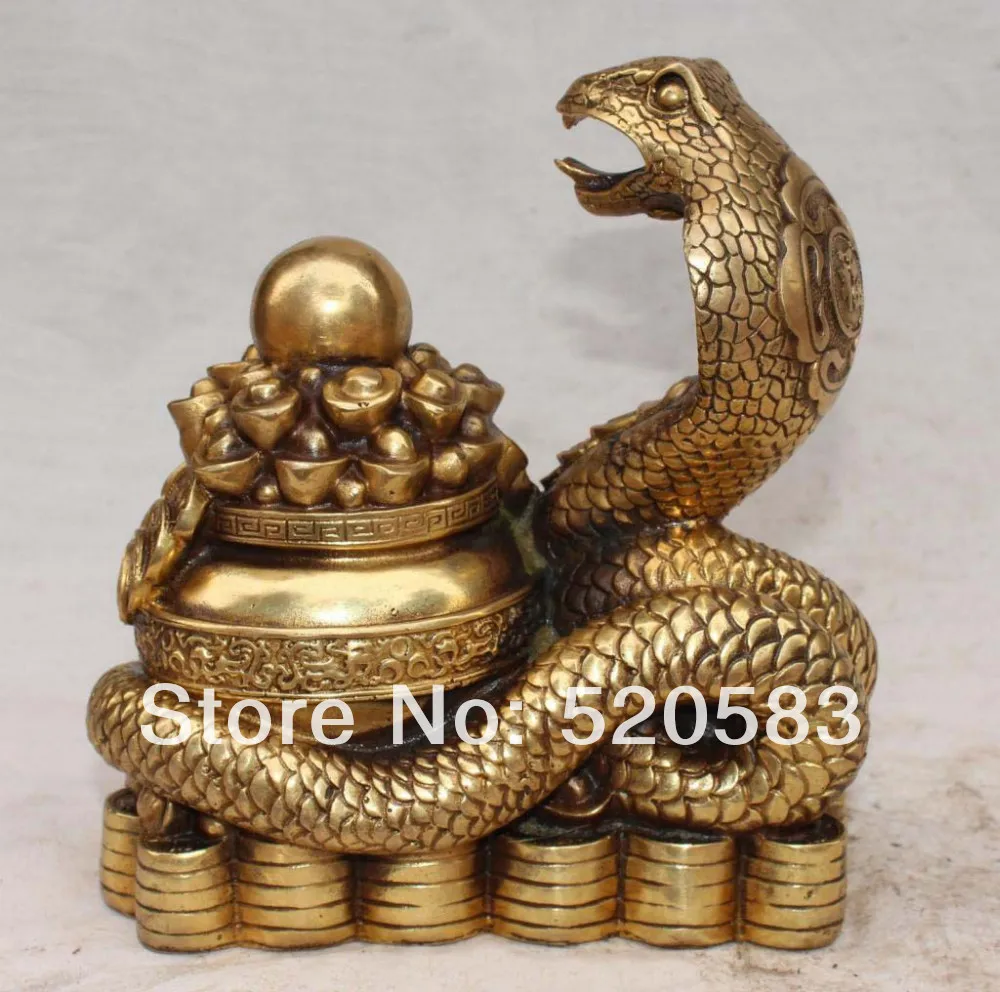 8"Marked Chinese Bronze Wealth YuanBao Money Snake Animal Ju bao Pen Ball Statue | Дом и сад
