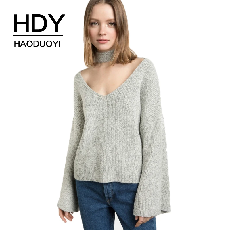 HDY Haoduoyi Gray V Neck Choker Female Pullover Casual Autumn Flare Sleeve Women Sweaters Vintage Sexy Basic Sweater | Женская одежда