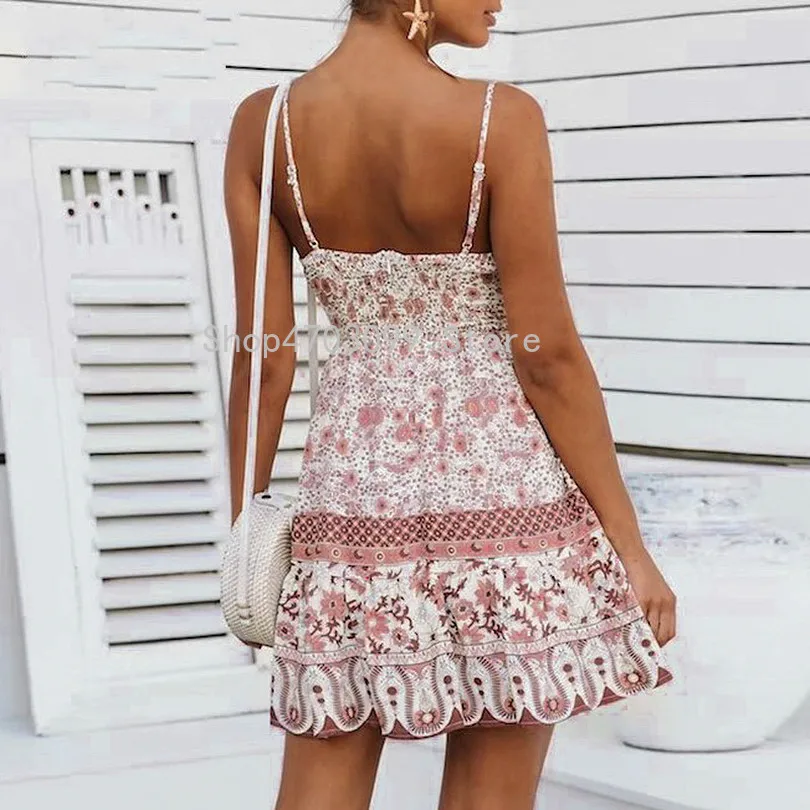 Simplee Boho v шеи печати Женщины Мини платья лето Спагетти ремень на шнуровке