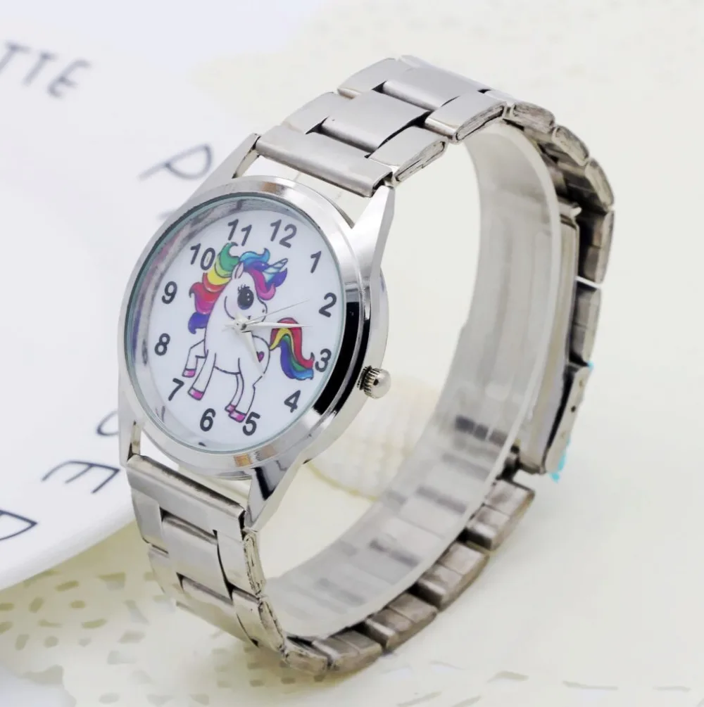 2019 новые модные милые Мультяшные часы с единорогом для девочек нержавеющая сталь