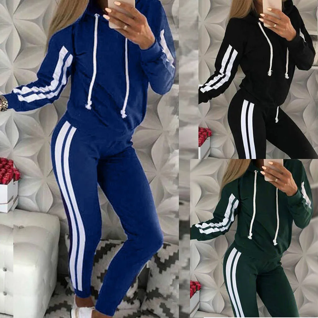 JAYCOSIN Комплект Женской Одежды Из Двух Частей Полосы С Капюшоном Длинным Рукавом
