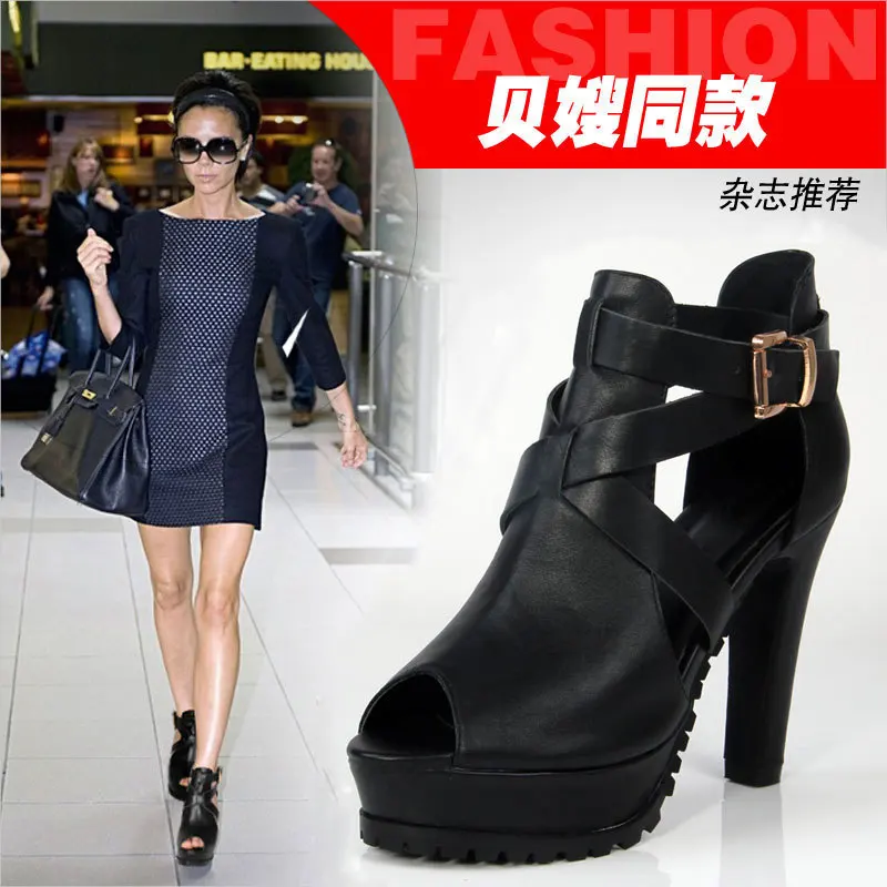 2013 women's spring and autumn shoes genuine leather cool boots high-heeled thick heel open toe shoe sandals gladiator | Обувь