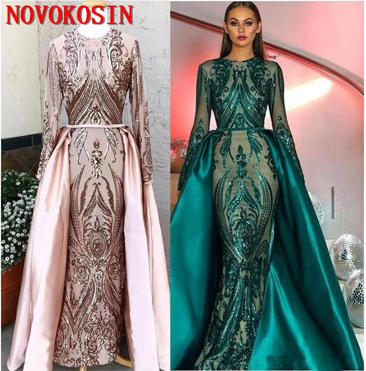 

17 Shiny Embroidered Sequins Mermaid Prom Dresses Elegant Long Sleeves Evening Gowns Party Dress With Satin Detachable Train