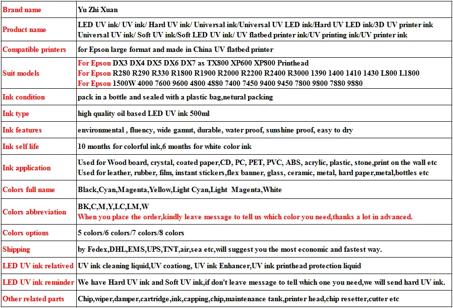 Yu Zhi Xuan! 500 мл 5 шт. Светодиодный УФ принтер чернила жесткие для Epson R280 L1800 DX5 DX7 оптом