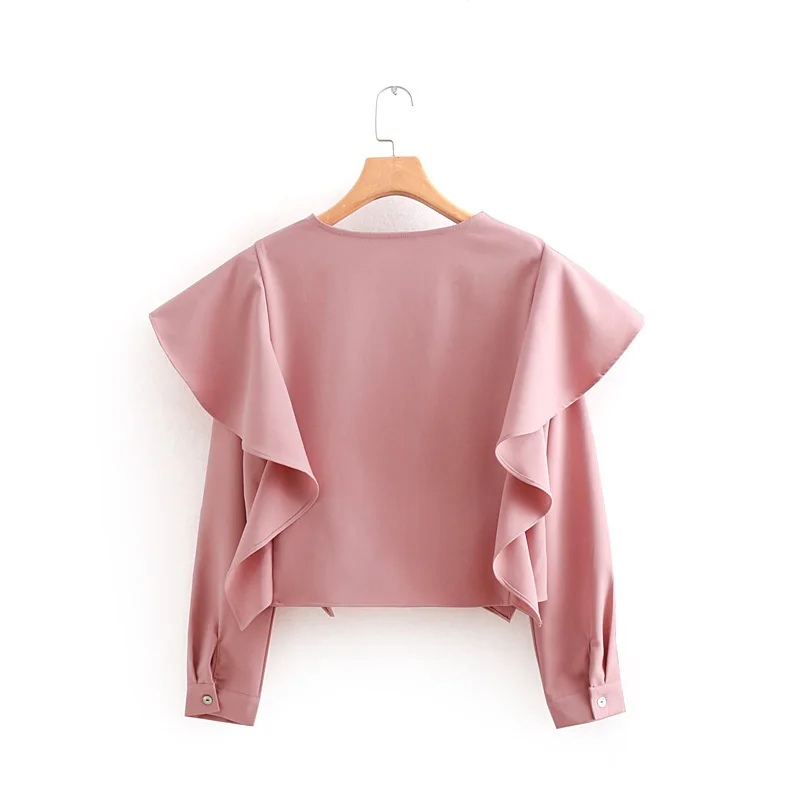 women sweet v neck laminated ruffles pink smock shirt blouses long sleeve chic feminina blusas office business tops LS2684 |