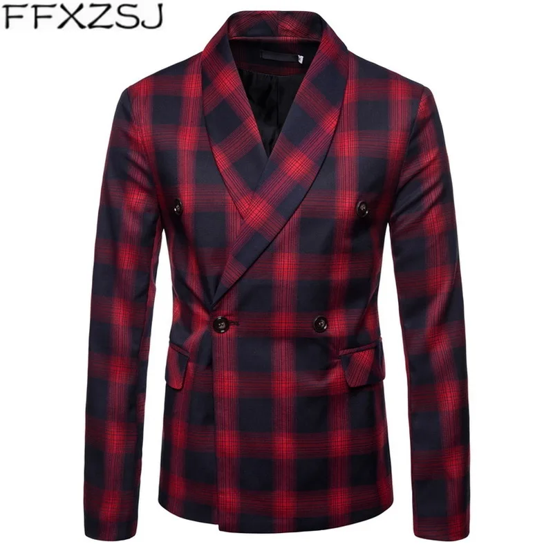 FFXZSJ New Arrival Hot Sale Business Mens Blazer Casual Blazers Men Lattice Formal Jacket Double-Breasted Dress Suit Jackets | Мужская