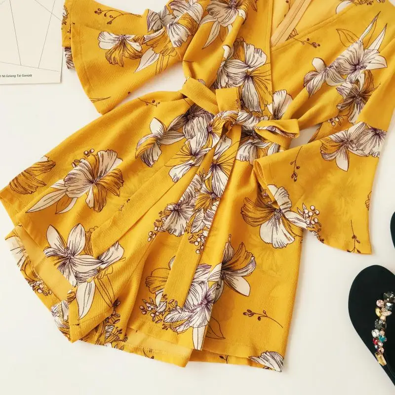Женский пляжный комбинезон Boho Chic Желтый Свободный с v-образным вырезом и