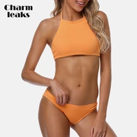 charmleaks women bikini set collar halter swimwear solid color swimsuit backless bathing suit beachwear sexy bikini