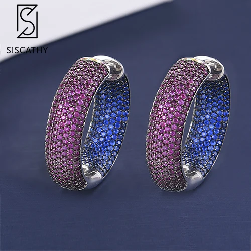 Blue Pink SISCATHY Новая мода ювелирные изделия Широкая поверхность круг серьги кольца роскошные разноцветные кубические циркониевая инкрустация серьги для женщин - Окраска металла: Blue Pink