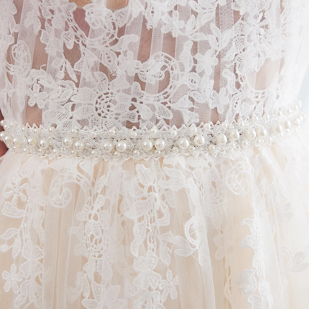 Charming Bohemian Lace Waist Pearls Evening Dress Sexy Illusion Button Back Tulle Gown Robe De Soiree | Свадьбы и торжества