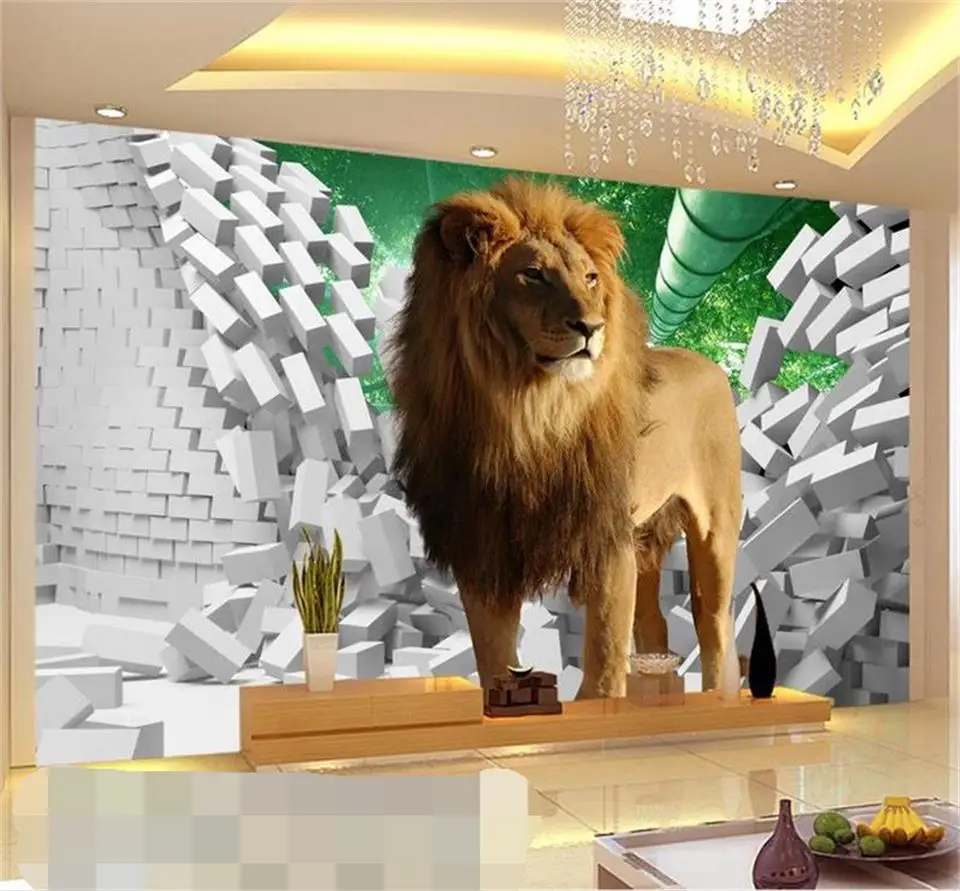

Настенные 3d обои на заказ, для детской комнаты, с рисунком льва, кирпичной стены, бамбука, фоновые нетканые 3D-обои для стен с диваном и ТВ