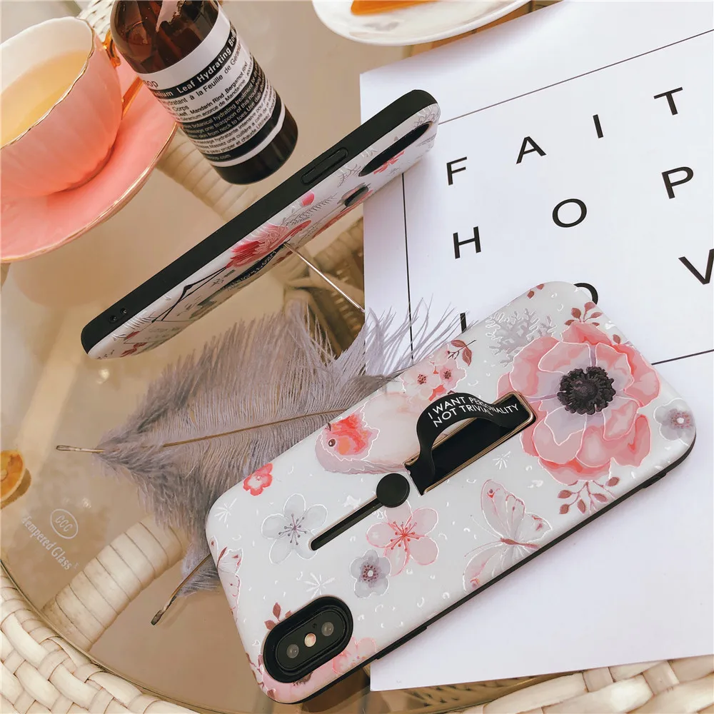 High Quality Phone Case For iphone X XS MAX XR Rose Flower Flamingo Cover 6 6s 7 8 Plus Hide Ring Stand Holder Cases |