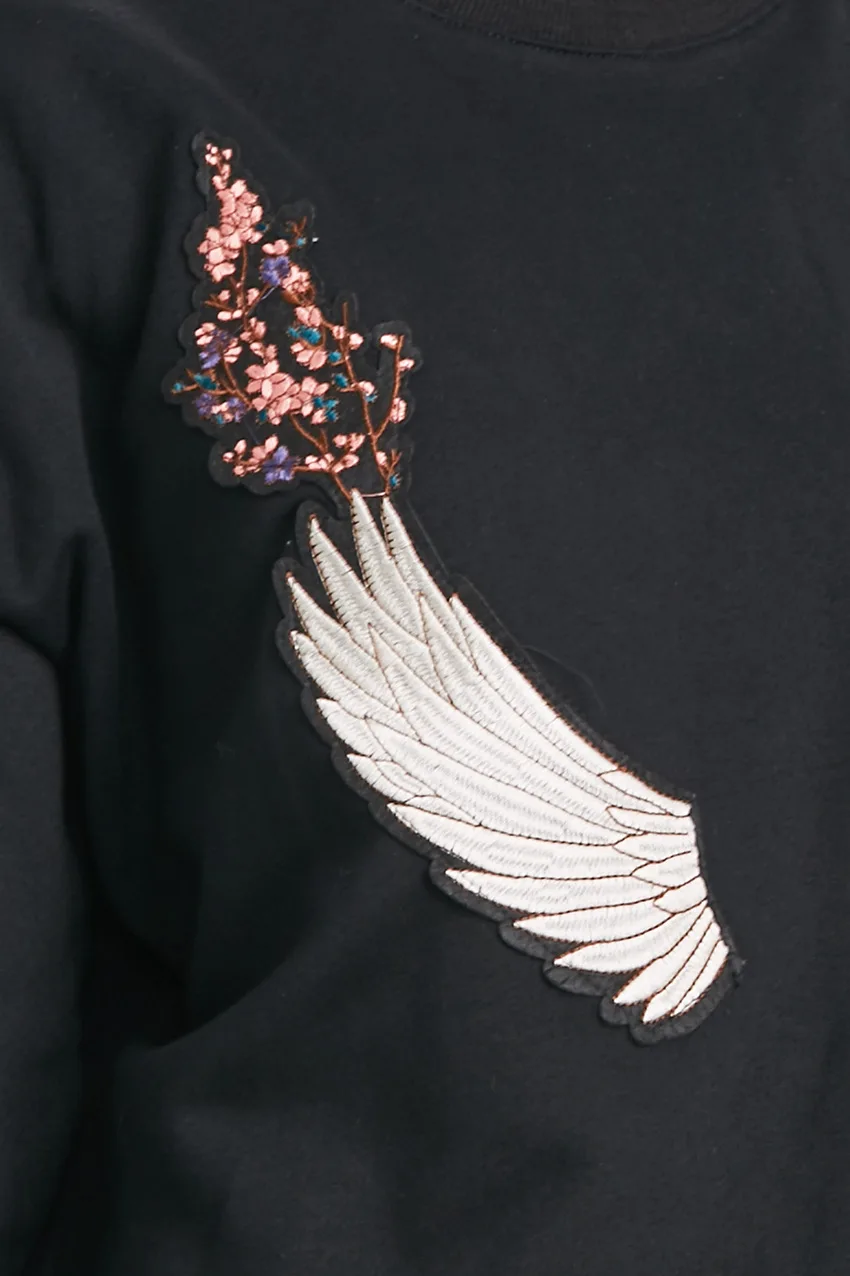 Футболки черная футболка с длинным рукавом o-образным вырезом Женская уникальная на молнии рукав летучая мышь перо крылья дизайн свободная футболка Женские топы