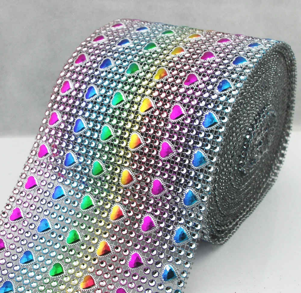 

24 rows Big Heart Rhinestone Mesh Ribbon Rainbow Diamante Wedding Table Runners Sparkle Wrap