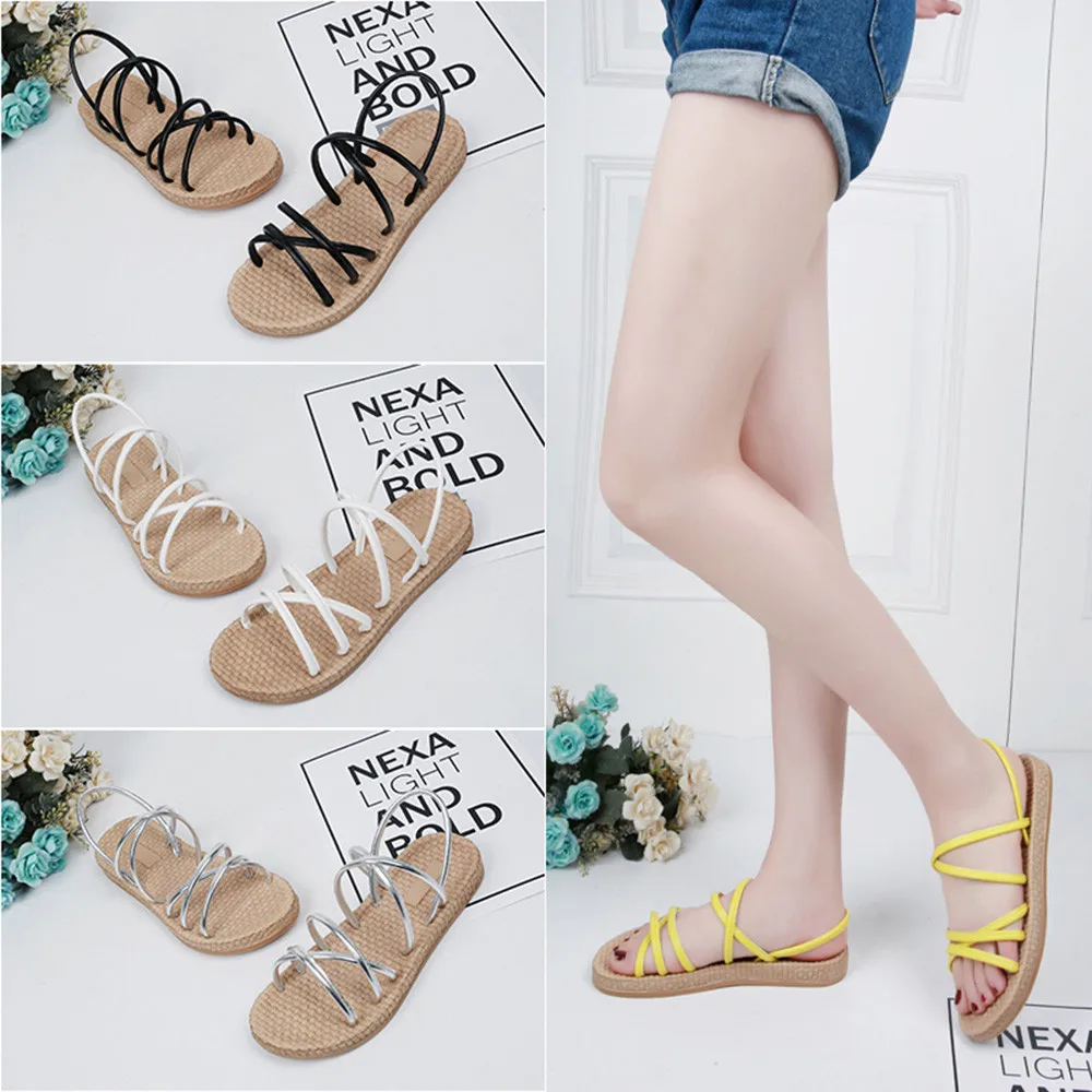 Women Solid Flat Shoes Bandages Bohemia Leisure Lady Sandals Slippers | Обувь