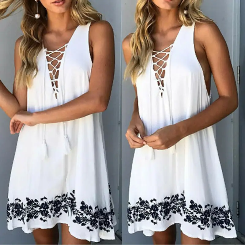 

Women Summer V Neck Boho Mini Dress Floral Print Sleeveless Casual Dresses