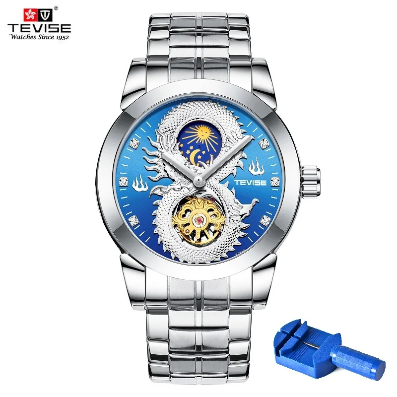 Blue With Tool TEVISE 3D мужские часы с драконом, мужские механические часы с скелетом, фаза Луны, водонепроницаемые автоматические наручные часы для мужчин, s Fixer, Прямая поставка - Цвет: Blue With Tool