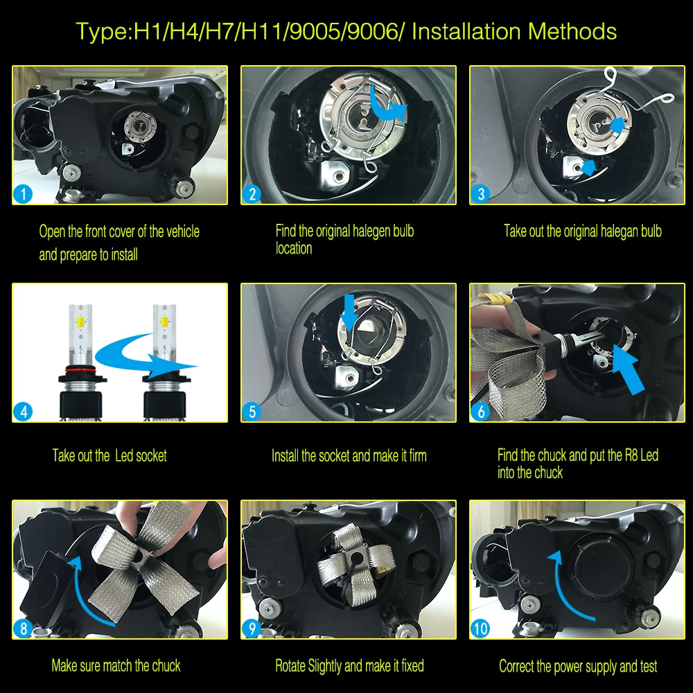 2 шт. T9 супер яркие Автомобильные фары светодиодный H7 H4 H11 9005 9006 H1 автомобильный Стайлинг авто передняя лампа автомобильная фара 3000K 4300K 6000K