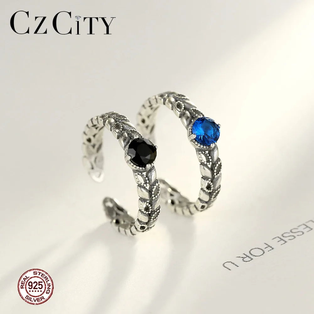 CZCITY Настоящее серебро 925 проба Ретро Открытые Кольца для женщин Уникальные полые листья дизайн старинный камень манжеты кольца Femme Bijoux