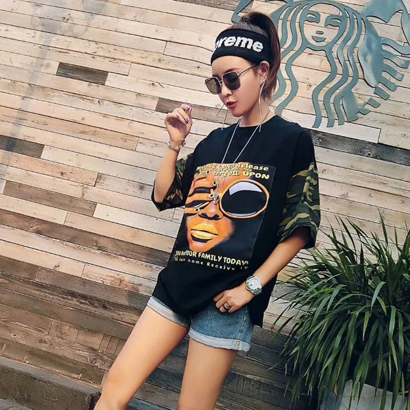 Женская футболка с коротким рукавом Tide черная принтом из мультфильма открытой