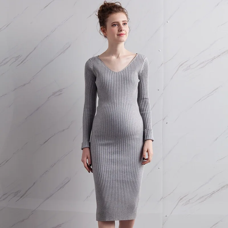 Женское трикотажное платье с V образным вырезом Осень зима|clothes for pregnant|clothes pregnant
